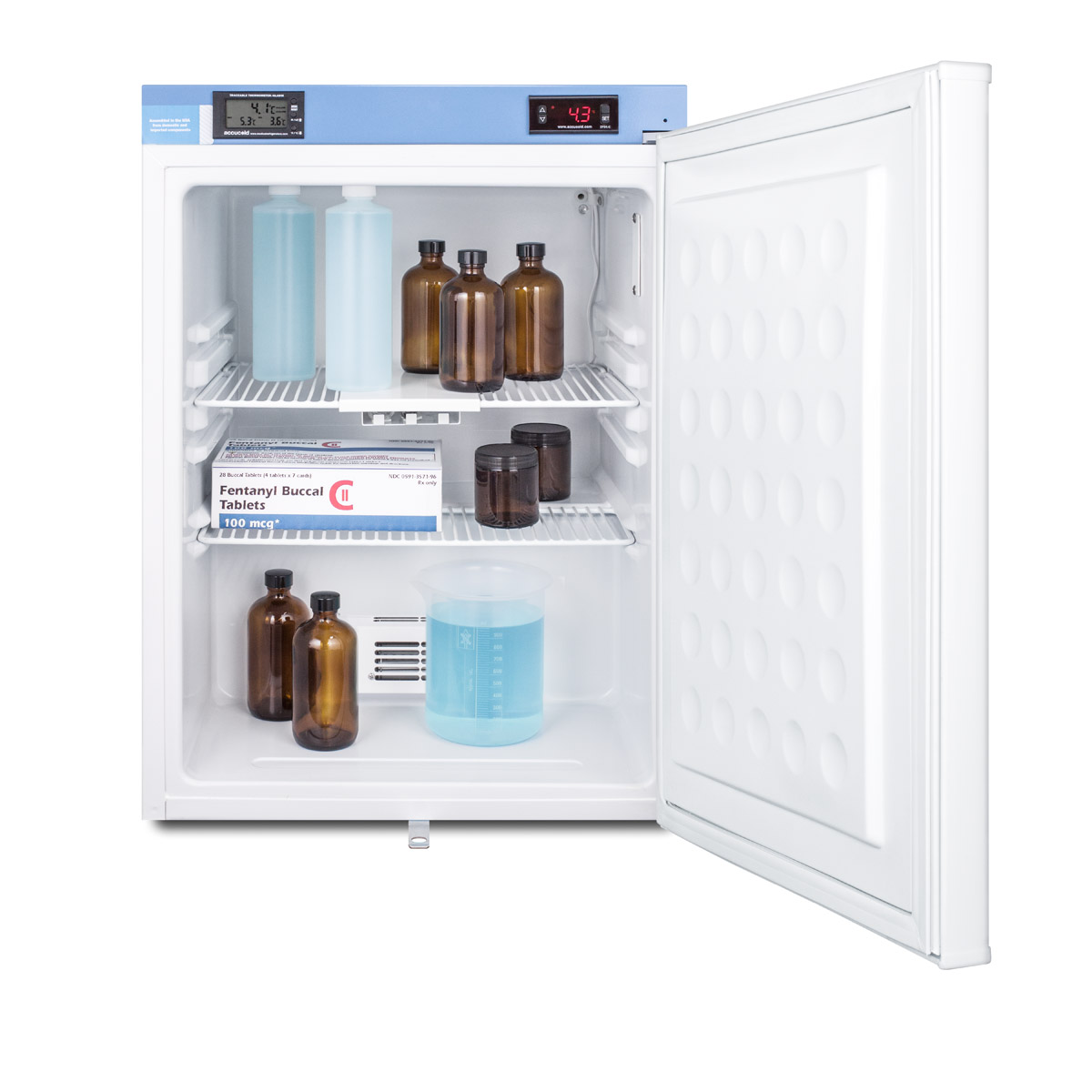 Compact auto defrost medical/scientific all-refrigerator with digital thermostat, NIST calibrated thermometer/alarm, front lock, hospital grade cord, and internal fan